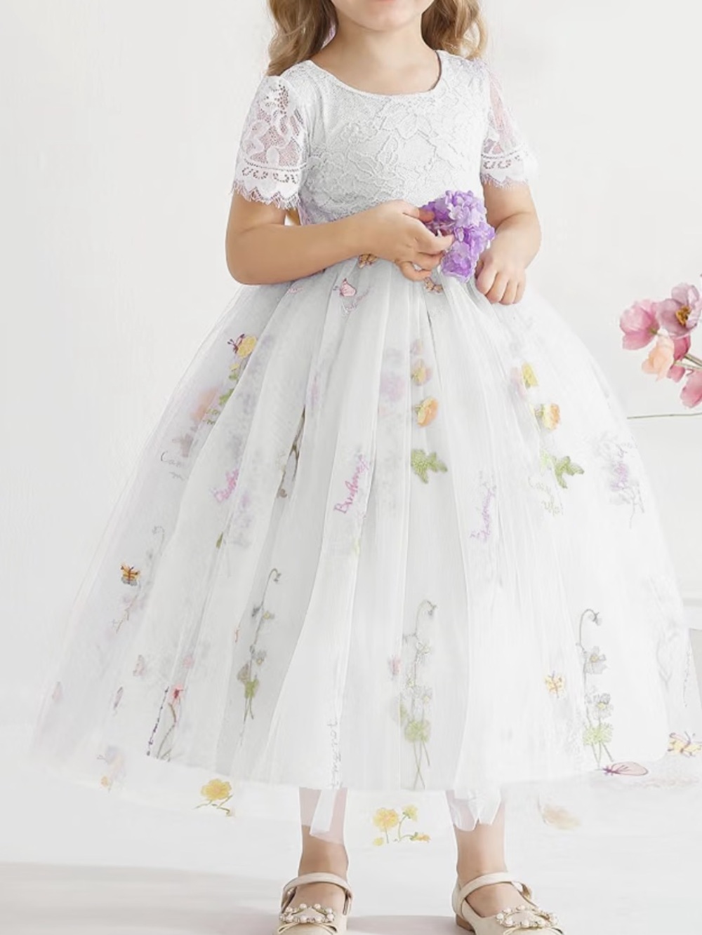 White Floral Embroidered Tulle Flower Girl Dress